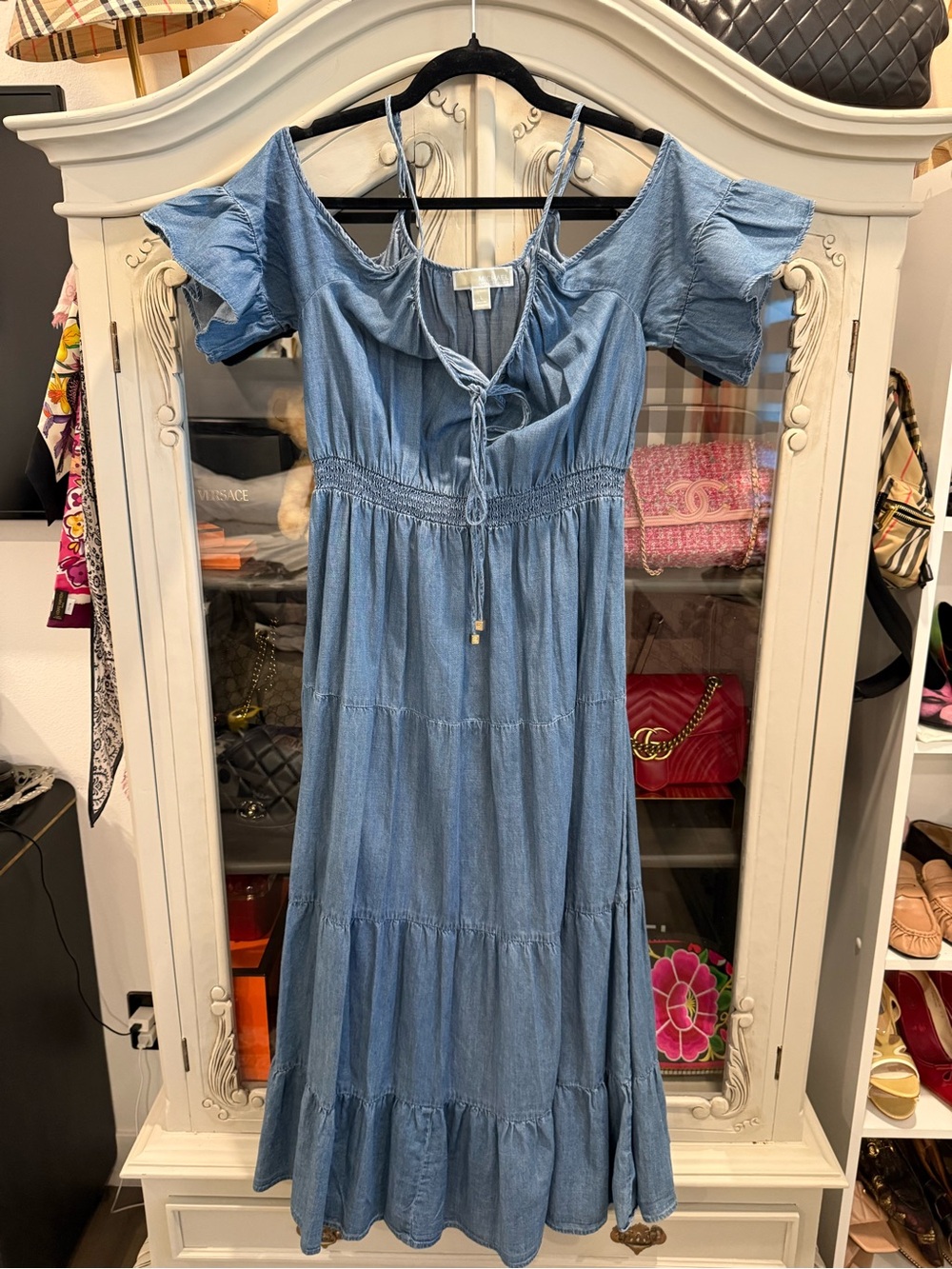 MICHAEL Michael Kors Light Blue Off-Shoulder Tie-Front Maxi Dress